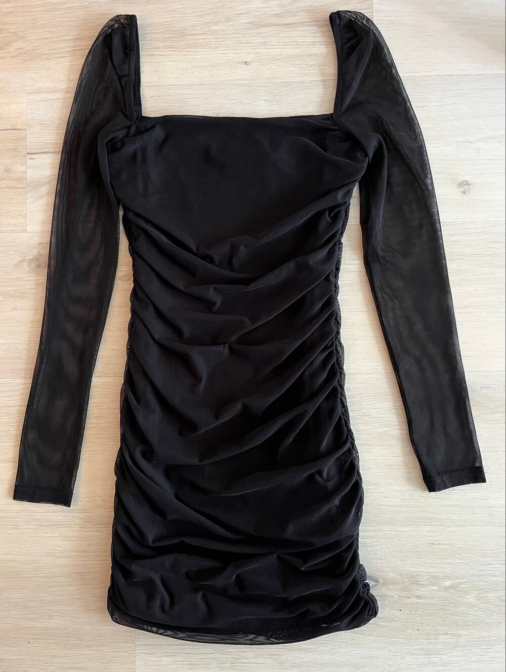 Princess Polly Black Ruched Mesh Sleeve Mini Dress Bodycon Cocktail Party Size 2